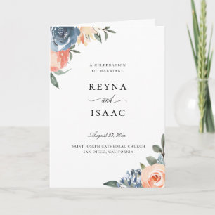 Slate Blue Peach Botanical Floral Wedding Programme