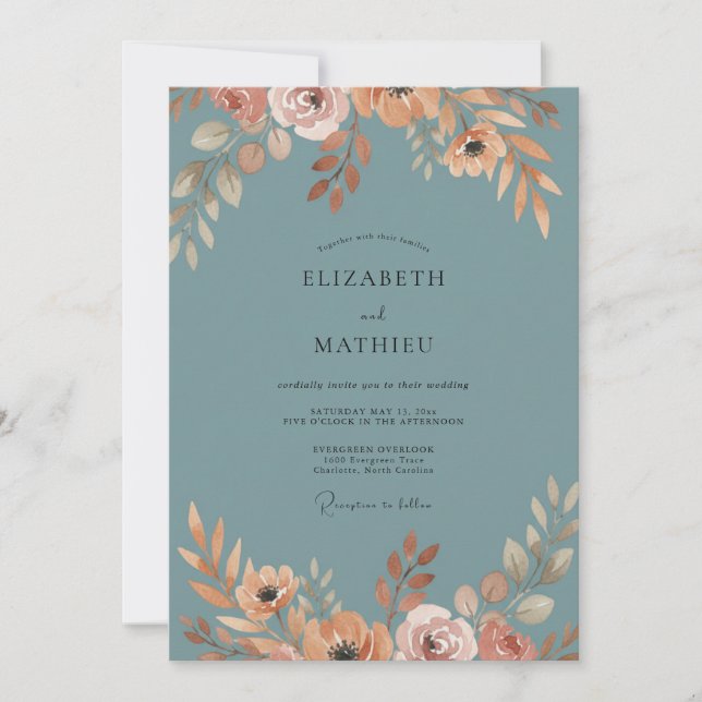 Slate Blue Peach Petal Wedding Invitation (Front)