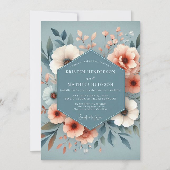 Slate Blue Peachy Flora Wedding Invitation (Front)