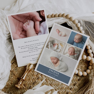 Slate Blue Photo Collage Baby Announcement Card