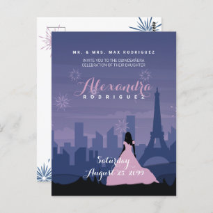 Slate Blue & Pink Paris Fireworks Quinceañera Postcard