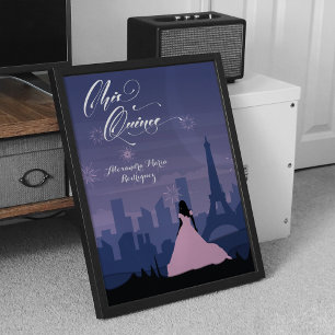 Slate Blue & Pink Paris Fireworks Quinceañera Poster