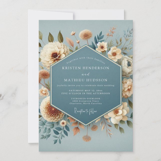 Slate Blue Poetic Bloom Wedding Invitation (Front)