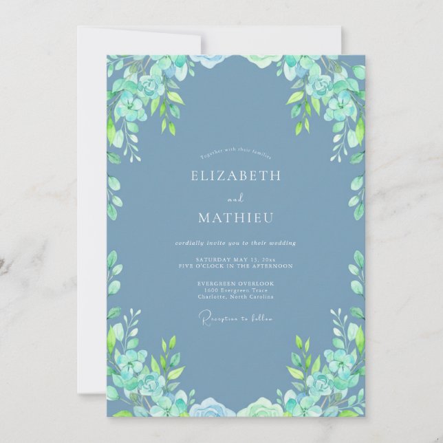 Slate Blue Refreshing Botanical Wedding Invitation (Front)