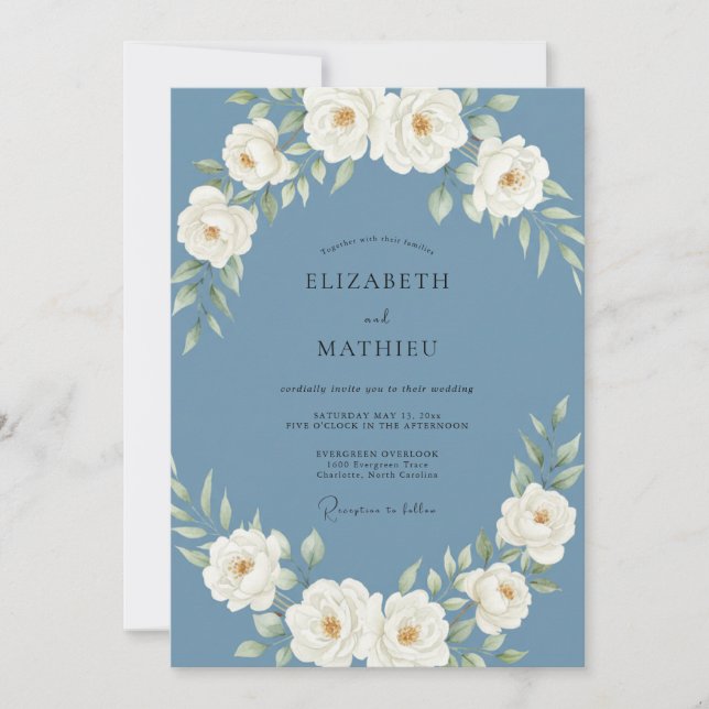 Slate Blue Regal Botanical Wedding Invitation (Front)