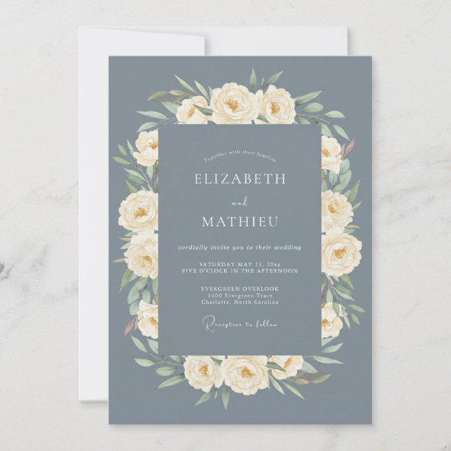 Slate Blue Regal Rose Wedding Invitation (Front)