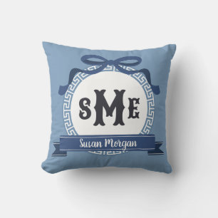 Slate Blue Reverse Greek Key Bow Monogram Cushion