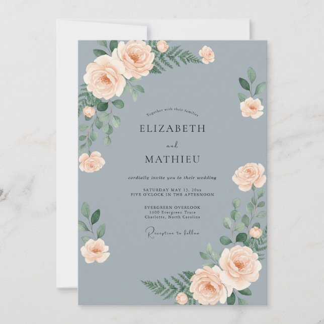 Slate Blue Romantic Blossom Wedding Invitation (Front)