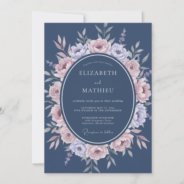 Slate Blue Romantic Floral Flourish Wedding Invitation (Front)