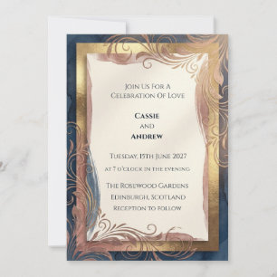 Slate Blue Rose Gold Art Nouveau Wedding Invitation