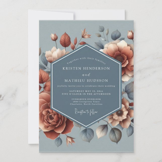 Slate Blue Rust Painterly Wedding Invitation (Front)