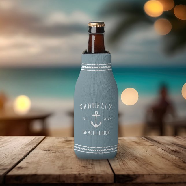 Slate Blue Rustic Anchor Personalised Beach House Bottle Cooler (Creator Uploaded)