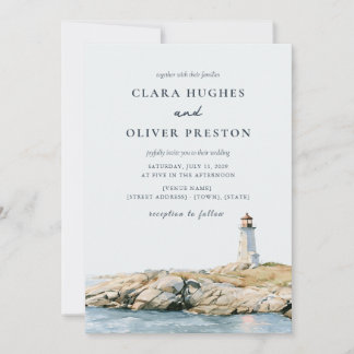Slate Blue Sand Beige Script Lighthouse Wedding Invitation