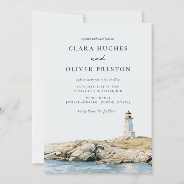 Slate Blue Sand Beige Script Lighthouse Wedding  Invitation (Front)