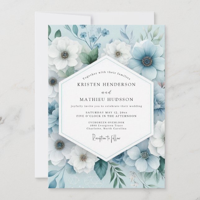 Slate Blue Serene Anemone Wedding Invitation (Front)