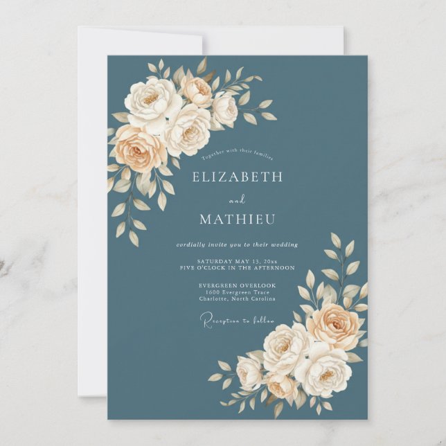 Slate Blue Serene Botanical Wedding Invitation (Front)