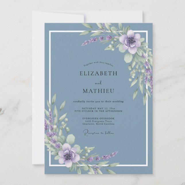 Slate Blue Serene Lavender Wedding Invitation (Front)