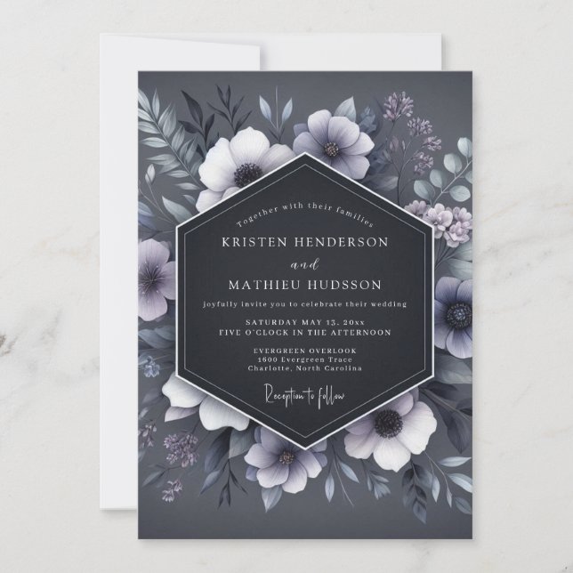 Slate Blue Shadowy Flora Wedding Invitation (Front)