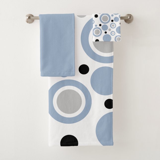Slate Blue Silver White Geometric Circles  Bath Towel Set (Insitu)
