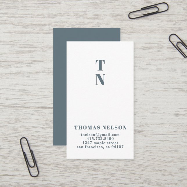  Slate Blue Simple Minimalist Monogram Business Card (Front/Back In Situ)