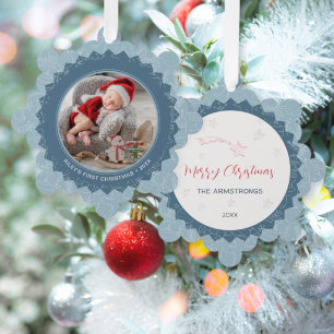 Slate Blue Snowflake Baby First Christmas Photo Tree Decoration Card
