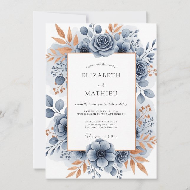 Slate Blue Sophisticated Botanical Wedding Invitation (Front)