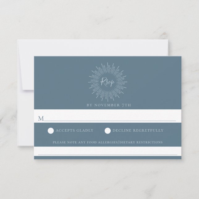 Slate Blue Sunburst Wedding Food Allergy RSVP Card (Front)
