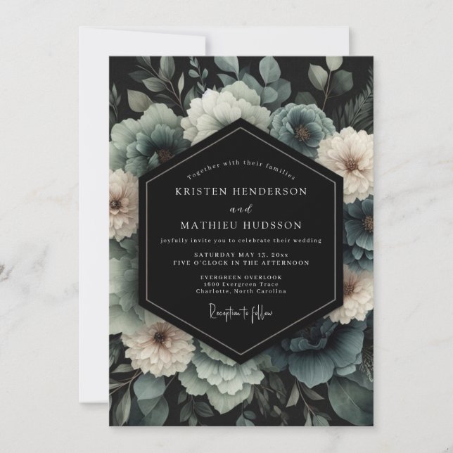 Slate Blue Umbral Bloom Wedding Invitation (Front)