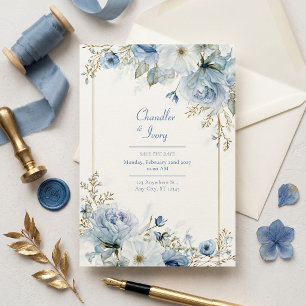 Slate Blue Watercolor Rose Gold Border Wedding Invitation