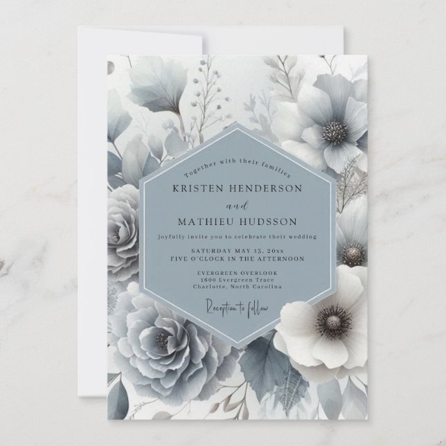 Slate Blue Whisper Bloom Wedding Invitation (Front)