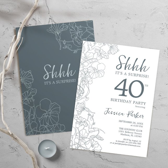 Slate Blue White Botanical Surprise 40th Birthday Invitation (Creator Uploaded)
