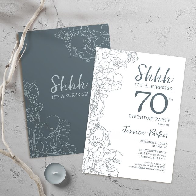 Slate Blue White Botanical Surprise 70th Birthday Invitation (Creator Uploaded)