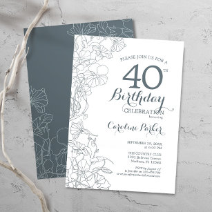 Slate Blue White Floral 40th Birthday Party Invitation