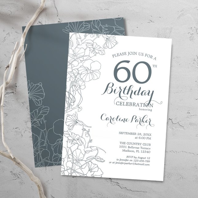 Slate Blue White Floral 60th Birthday Party Invitation (Creator Uploaded)