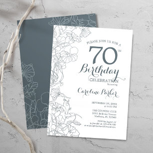 Slate Blue White Floral 70th Birthday Party Invitation
