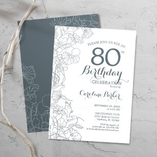 Slate Blue White Floral 80th Birthday Party Invitation