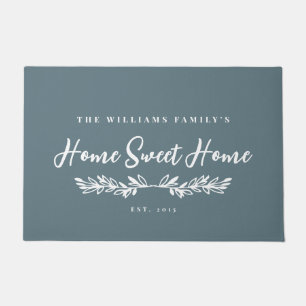 Slate Blue White Greenery Home Sweet Home Doormat