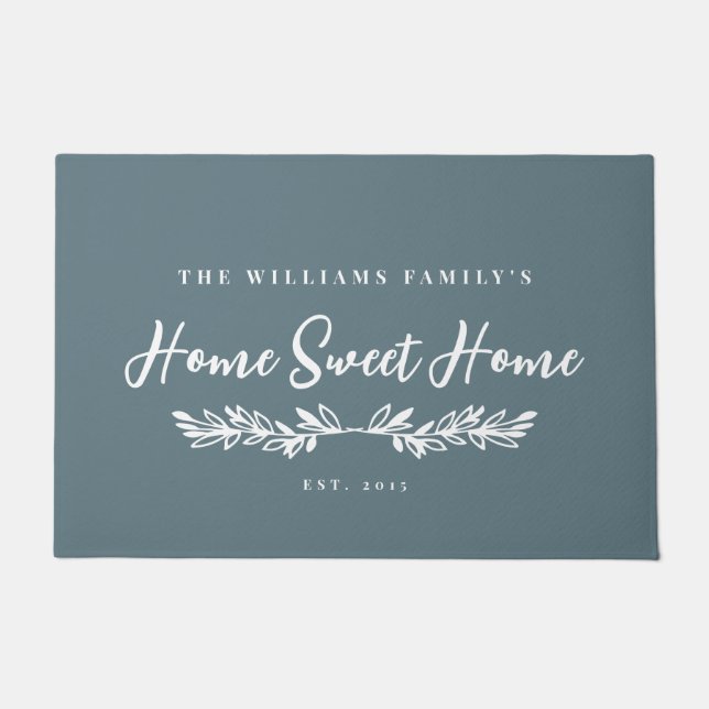 Slate Blue White Greenery Home Sweet Home Doormat (Front)