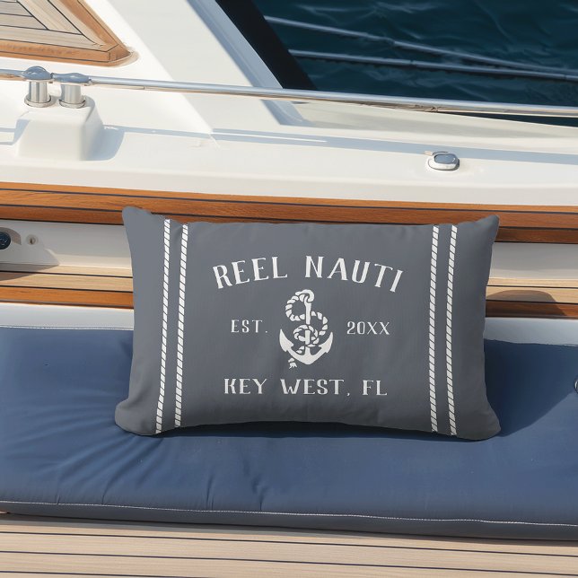 Slate Blue & White Personalised Boat Name Anchor Lumbar Cushion (Creator Uploaded)