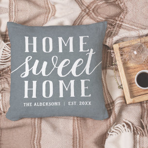 Slate Blue & White Personalized Home Sweet Home Cushion