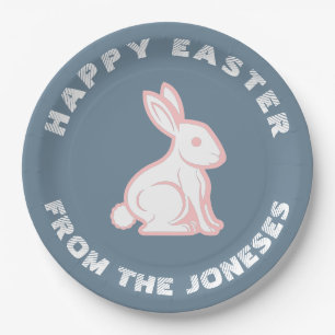 Slate Blue White Pink Happy Easter Bunny Rabbit Paper Plate