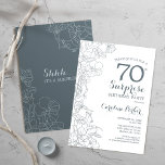 Slate Blue White Surprise 70th Birthday Party Invitation<br><div class="desc">Slate Blue White Surprise 70th Birthday Party Invitation. Minimalist modern design featuring botanical accents and typography script font. Floral invite card perfect for a stylish female surprise bday celebration. Can be customised to any age.</div>