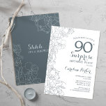 Slate Blue White Surprise 90th Birthday Party Invitation<br><div class="desc">Slate Blue White Surprise 90th Birthday Party Invitation. Minimalist modern design featuring botanical accents and typography script font. Floral invite card perfect for a stylish female surprise bday celebration. Can be customised to any age.</div>
