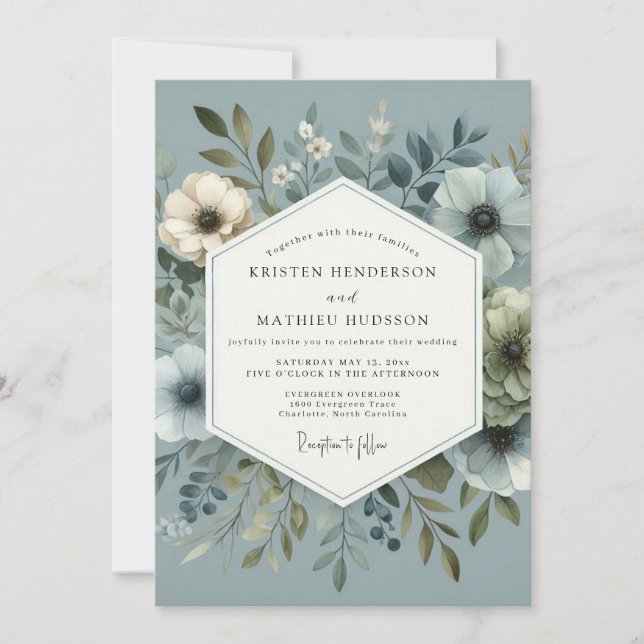 Slate Blue Winsome Flora Wedding Invitation (Front)