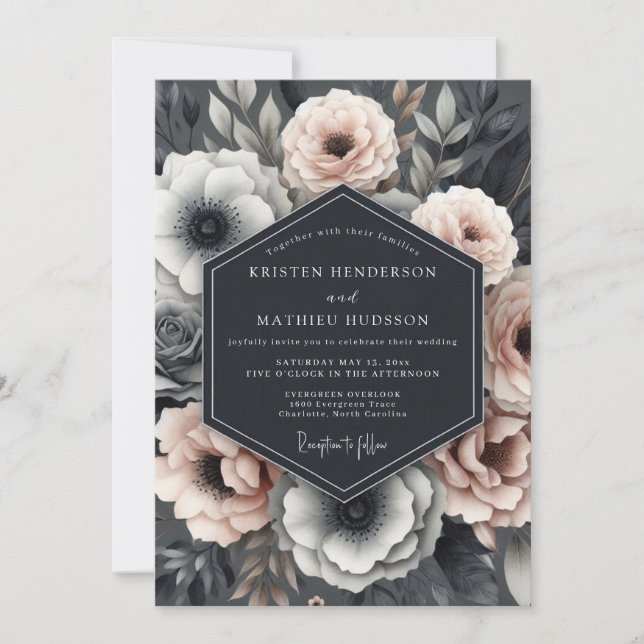Slate Blush Dramatic Flora Wedding Invitation (Front)