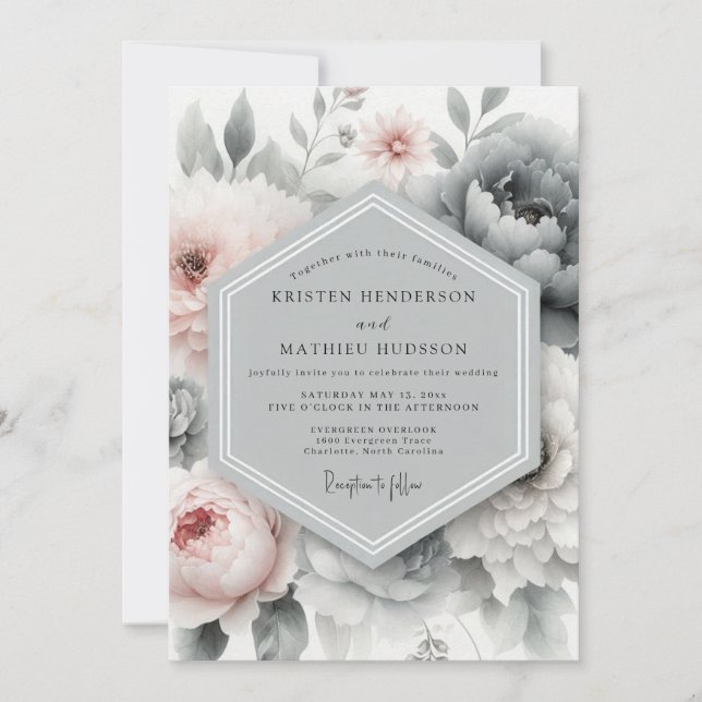 Slate Blush Painterly Peony Wedding Invitation (Front)