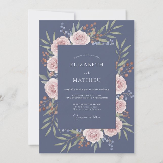 Slate Blush Pink Wreath Wedding Invitation (Front)