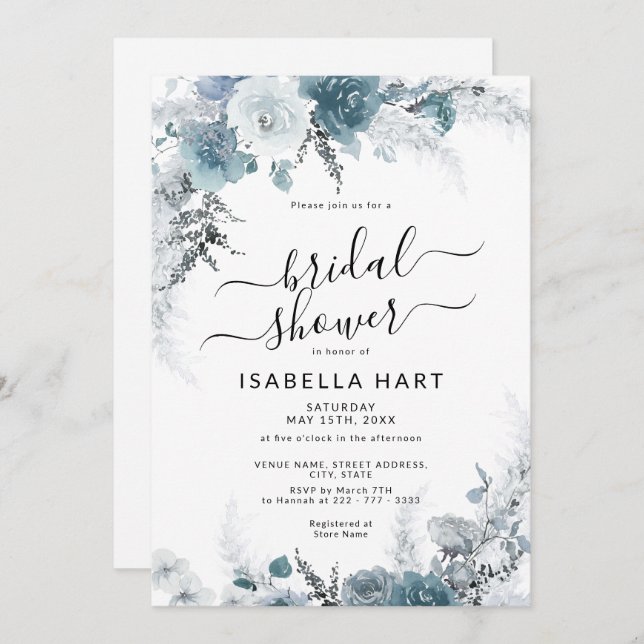 Slate Boho Dusty Blue Neutral Floral Bridal Shower Invitation (Front/Back)