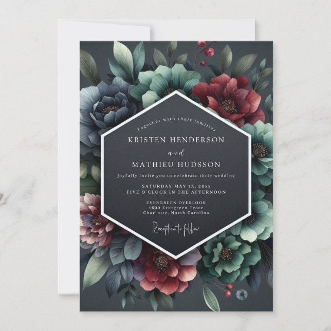 Slate Burgundy Baroque Bloom Wedding Invitation (Front)