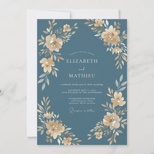 Slate Champagne Gold Petal Wedding Invitation (Front)